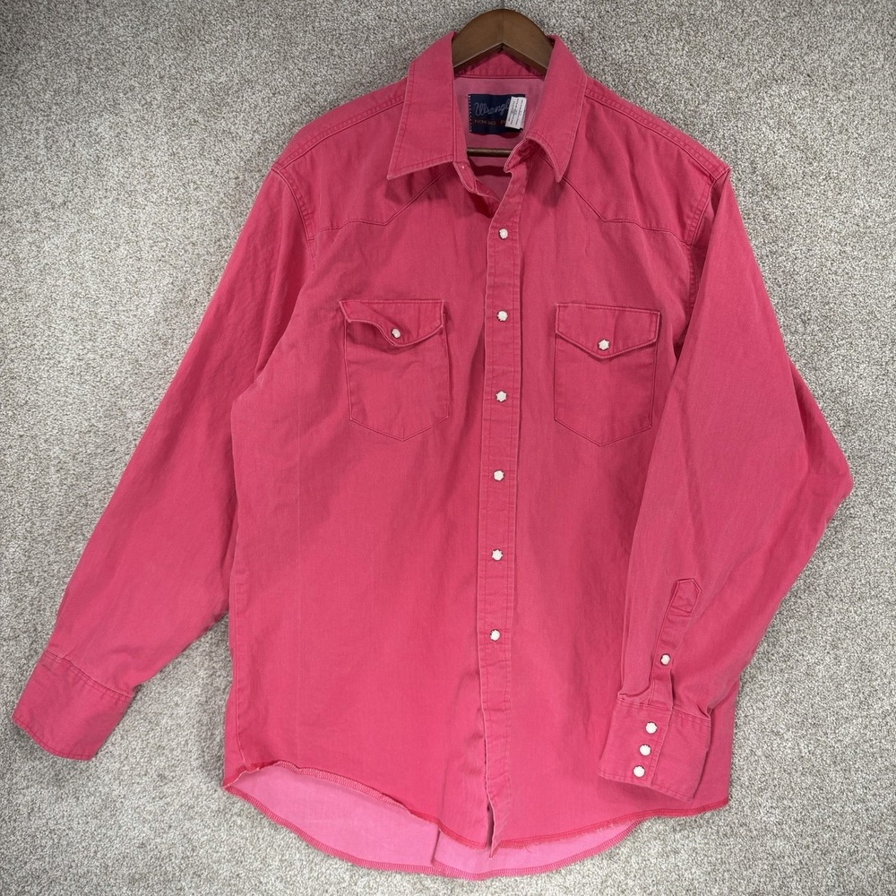 VTG Wrangler Heavy Cotton Western Pearl Snap Shirt XL Long‎ Tail Pink 90s Rodeo